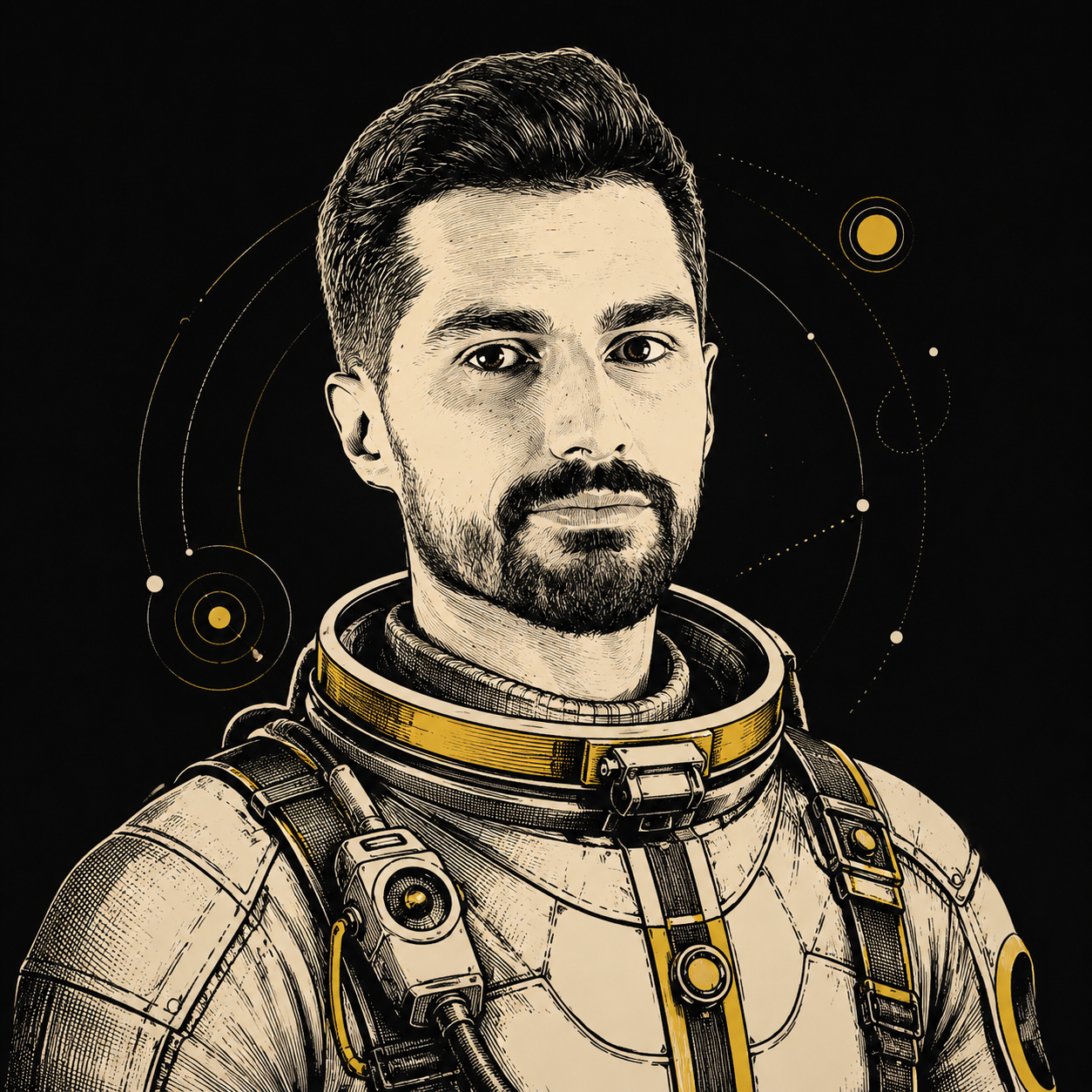 Retrato grabado de David Carrasco, presentador de Outpost
