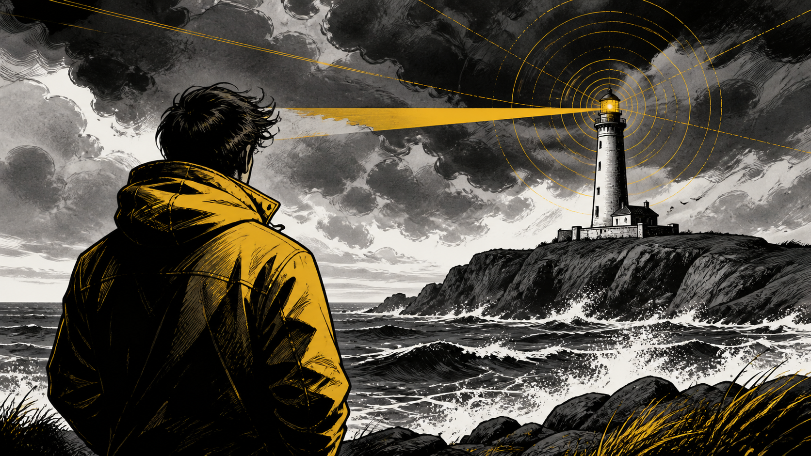 Un hombre con chaqueta amarilla observa un faro al otro lado del mar